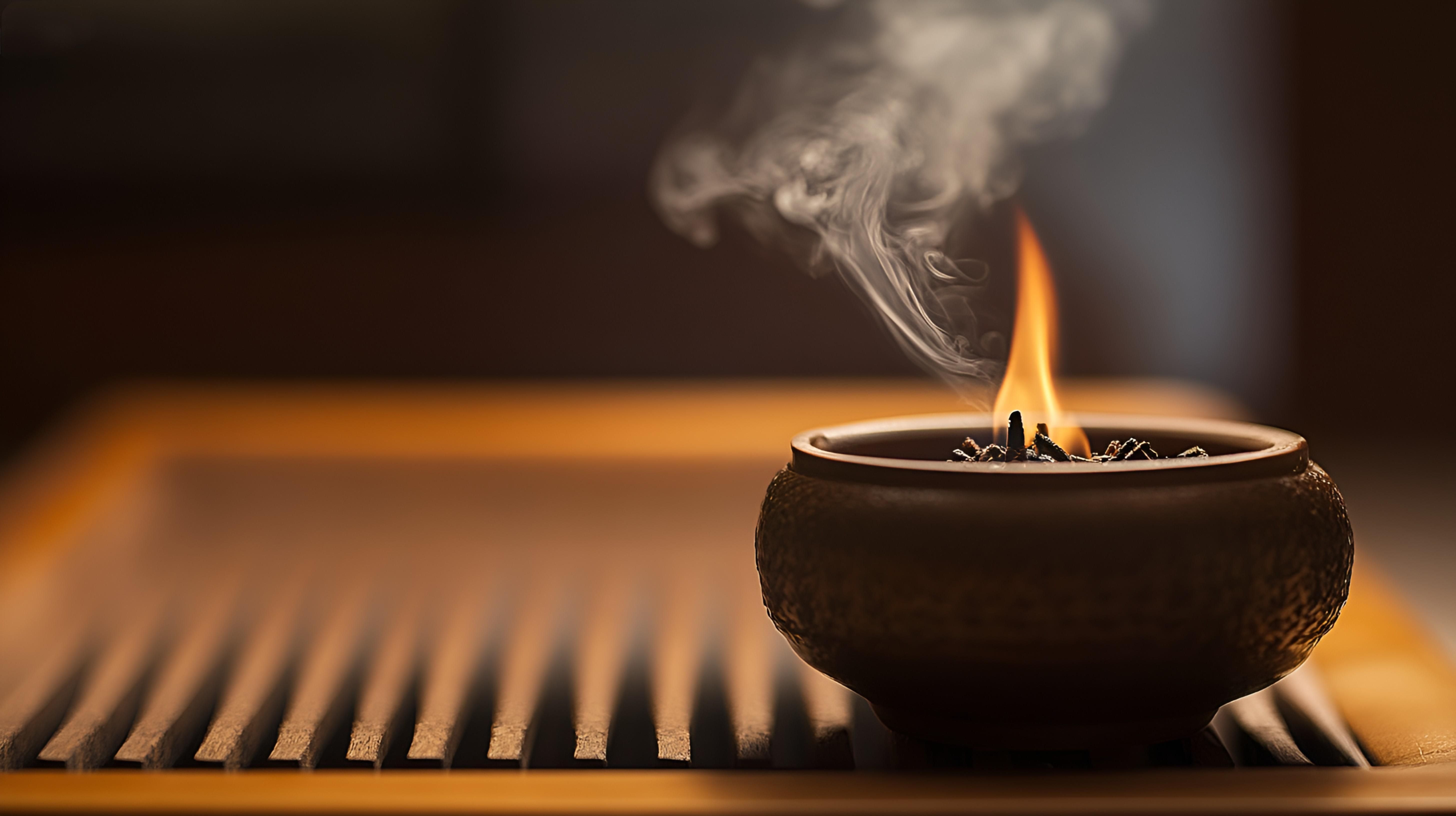 室内桌面古朴陶制香炉焚香散发中国传统香气.jpg