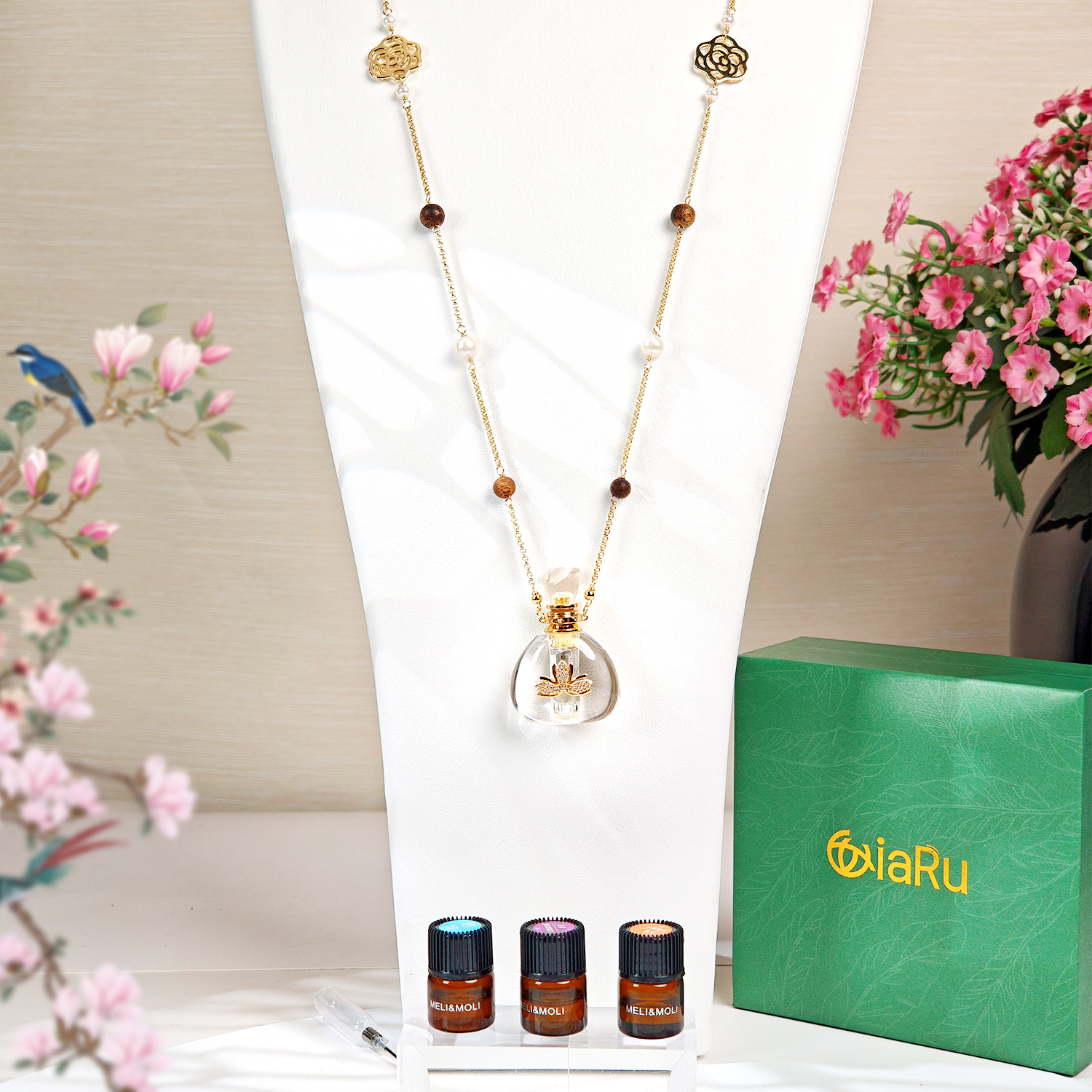 白水晶福袋莲花贴片长毛衣链（中号+小号）