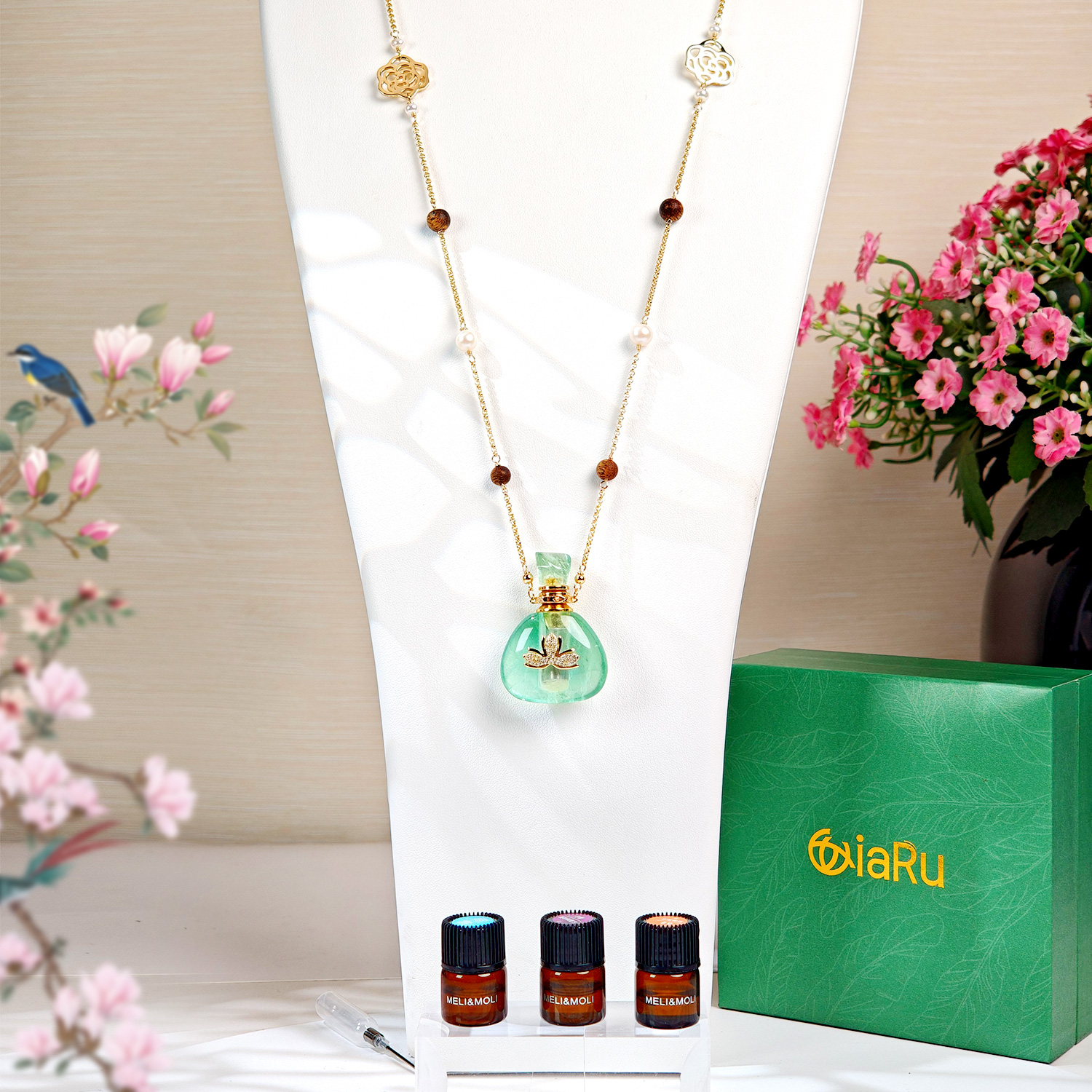 绿萤石福袋莲花贴片长毛衣链（中号+小号）