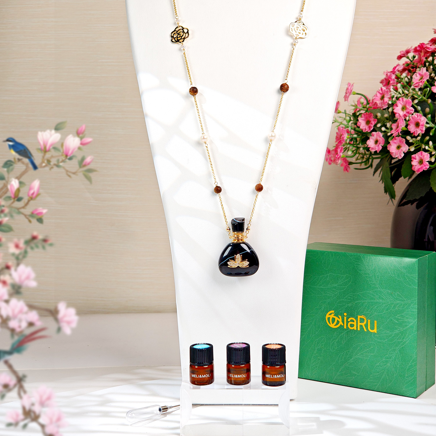 黑条纹玛瑙福袋莲花贴片长毛衣链（中号+小号）