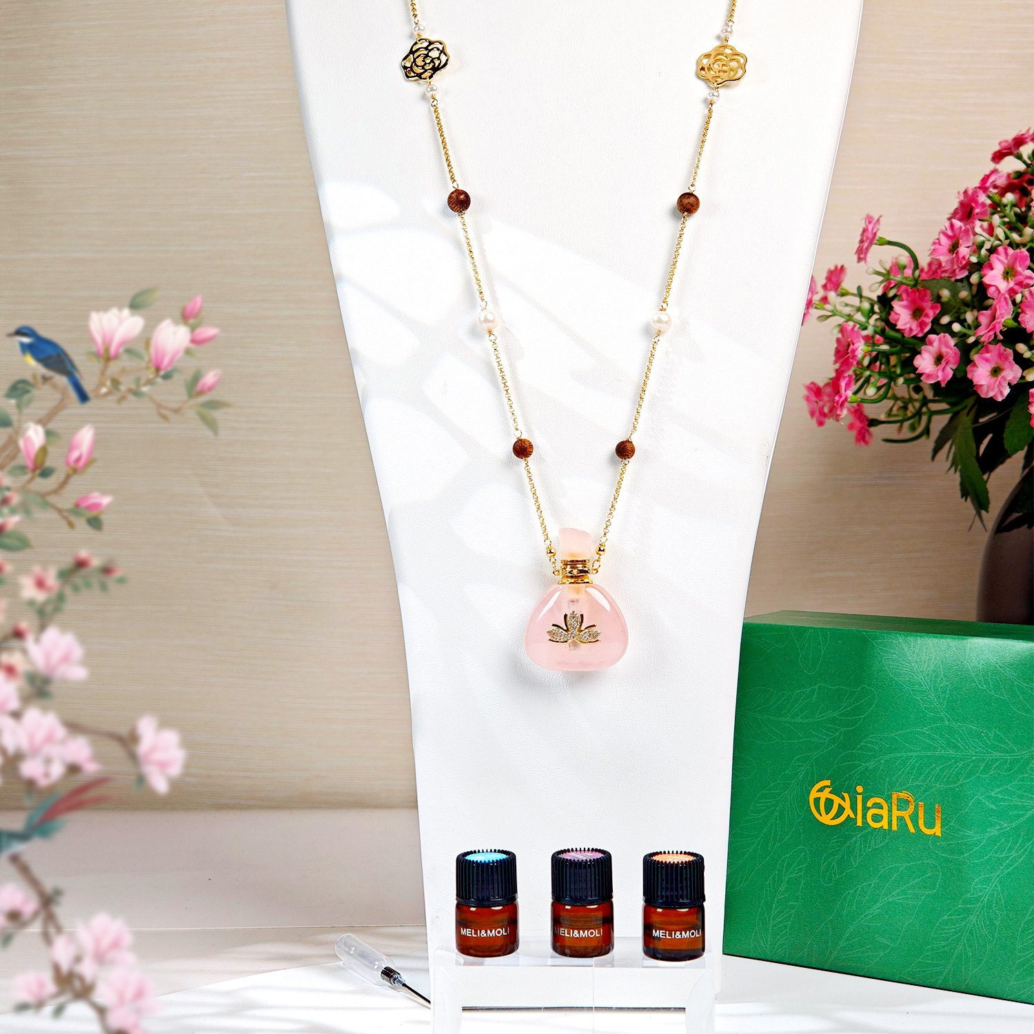 粉水晶福袋莲花贴片长毛衣链（中号+小号）