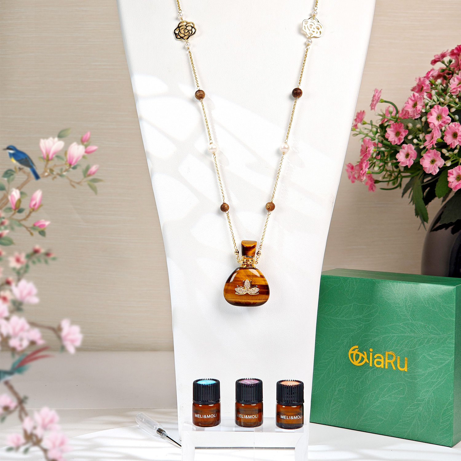 虎眼石福袋莲花贴片长毛衣链（中号+小号）