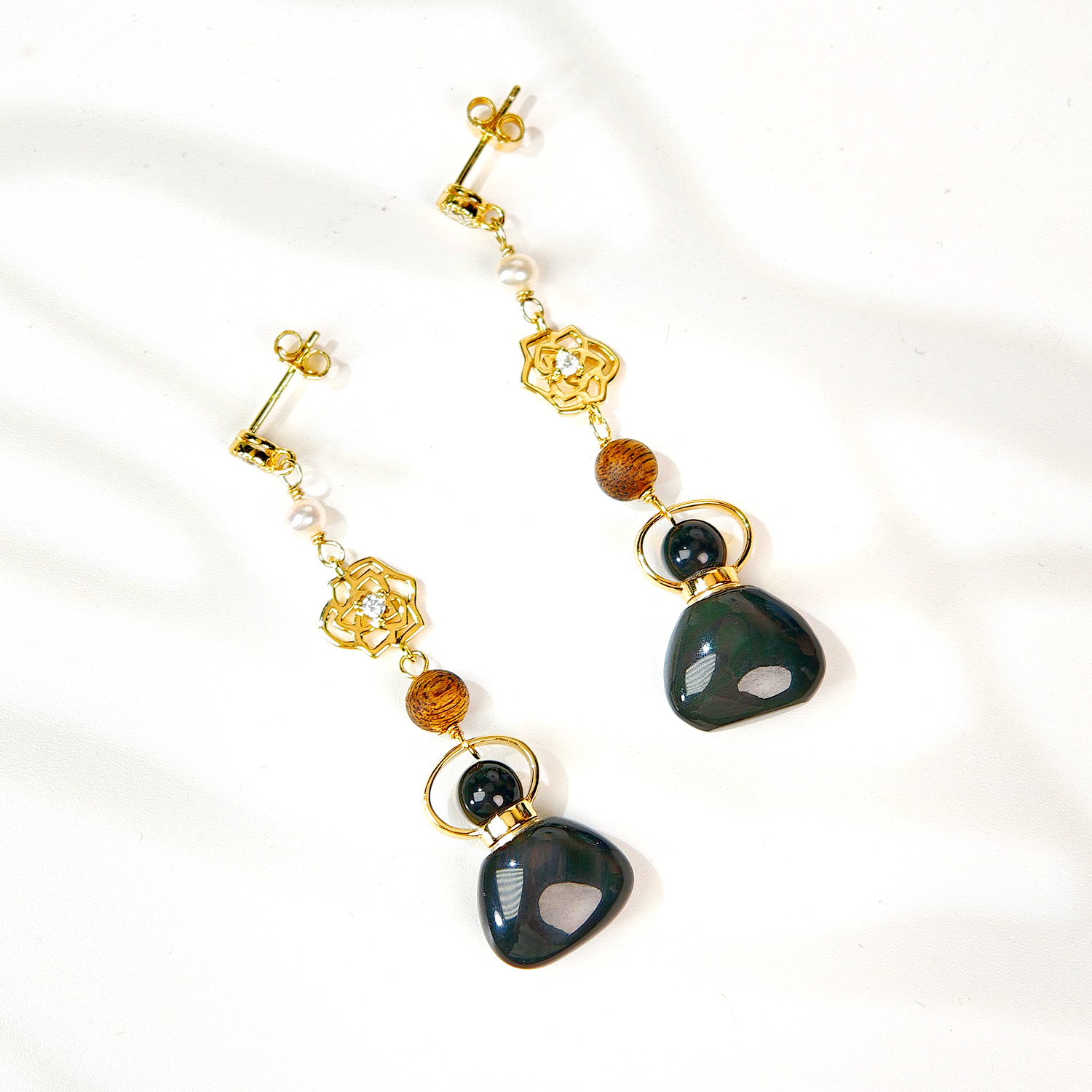 黑曜石迷你福袋瓶925银花朵耳环