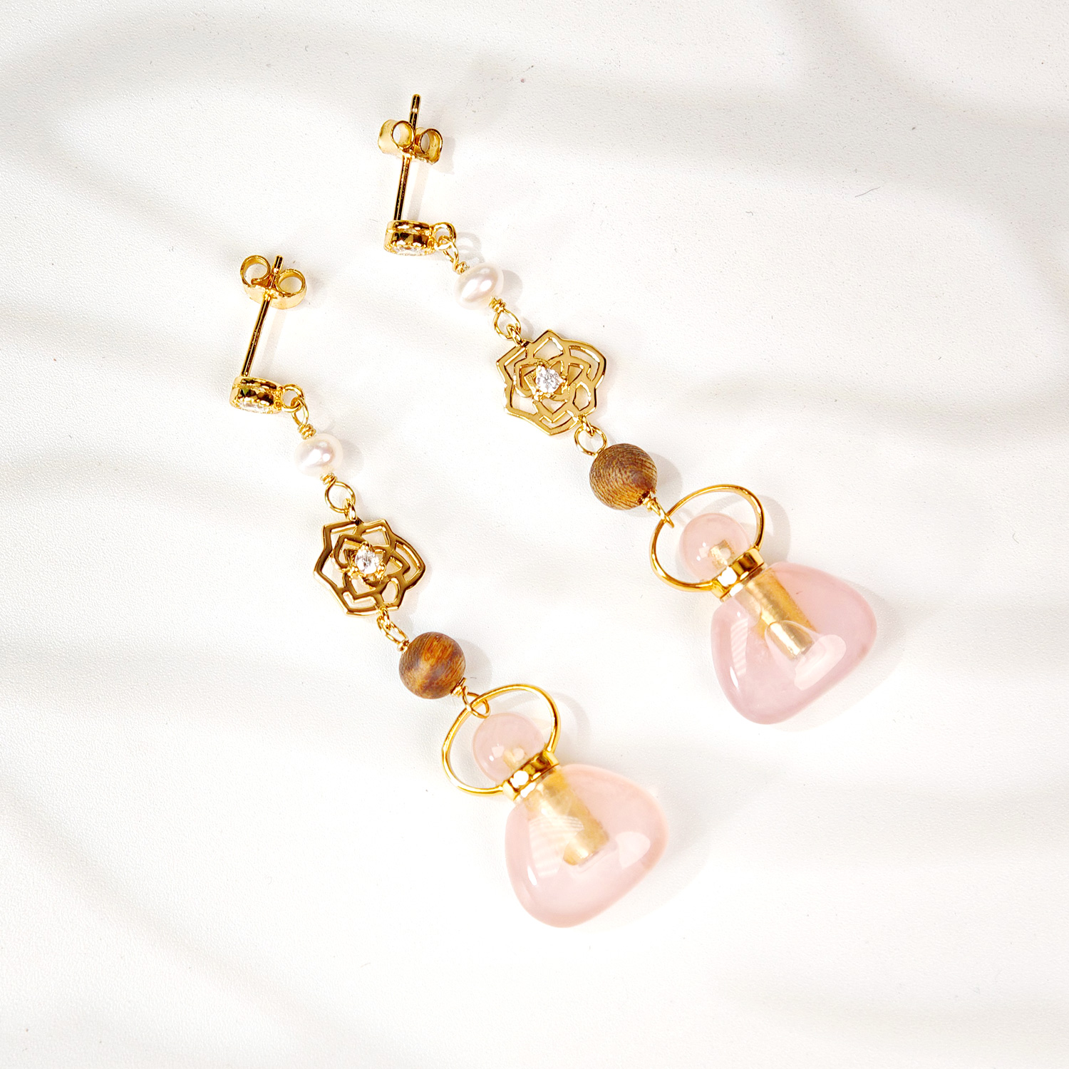 粉水晶迷你福袋瓶925银花朵耳环