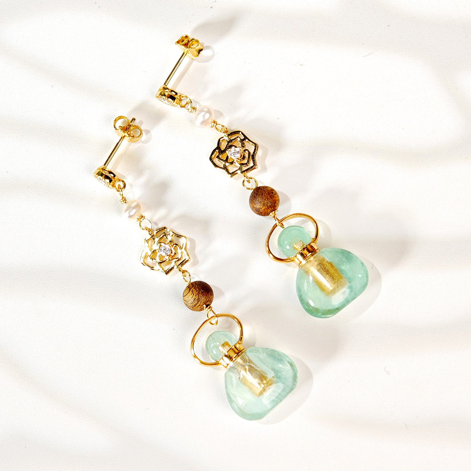 绿萤石迷你福袋瓶925银花朵耳环