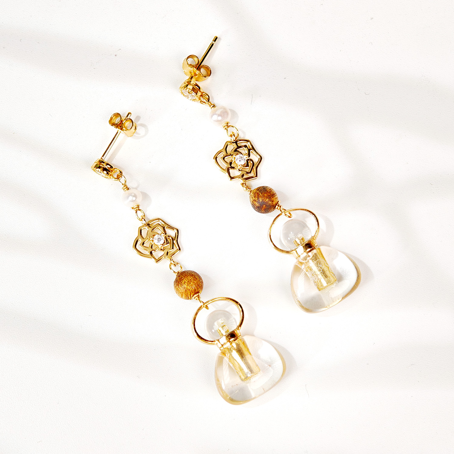 白水晶迷你福袋瓶925银花朵耳环